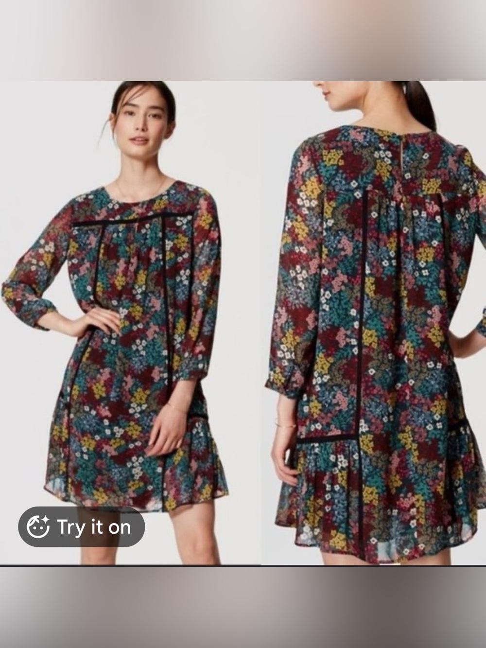 LOFT Floral Pintuck Mini Dress Medium